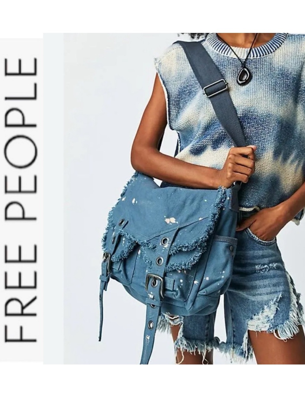 FREE PEOPLE Shadow Boxer Messenger Bag French Blue Boho Crossbody Bag